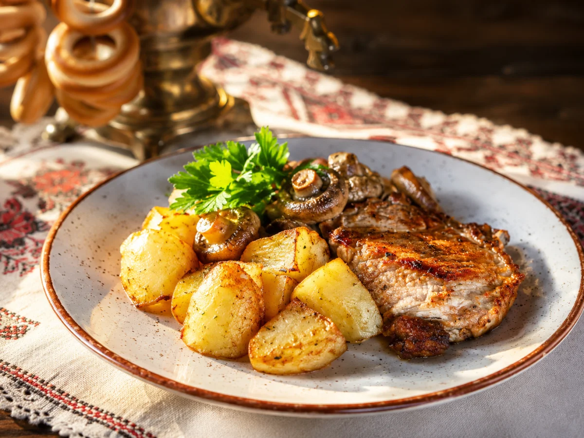 Корейка-гриль с картошкой, жареным луком и шампиньонами